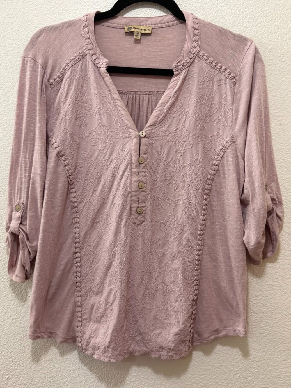 Democracy light pink pullover top with crochet and embroidery accents, Med